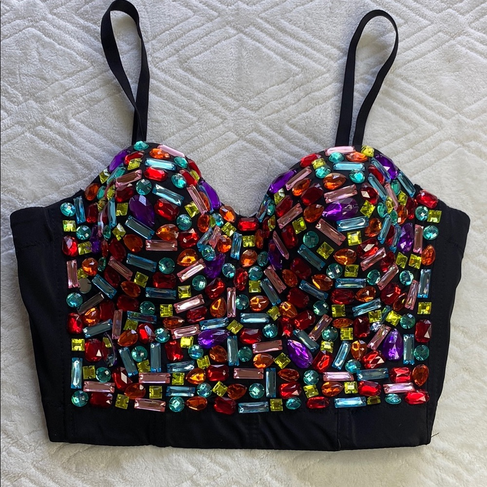 No Tag ✨ Rainbow Gem Embellished Black Corset Festival Crop Top